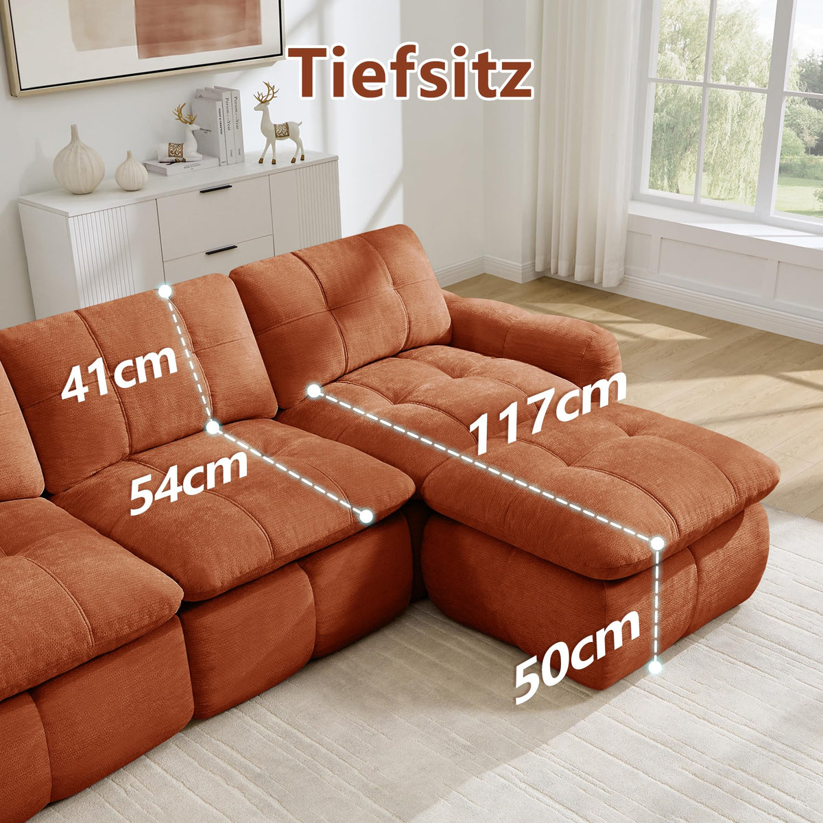 Sofá de 3 plazas con 1 taburete chenilla beige