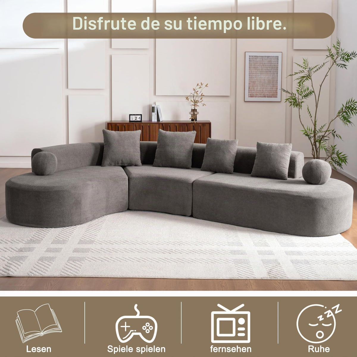 Bladez Sofá esquinero moderno curvado de 5 plazas, sofá modular de terciopelo, diseño curvado, cómodo sofá tapizado, cómodo sofá tapizado con cojines, adecuado para salón y apartamento, color blanco