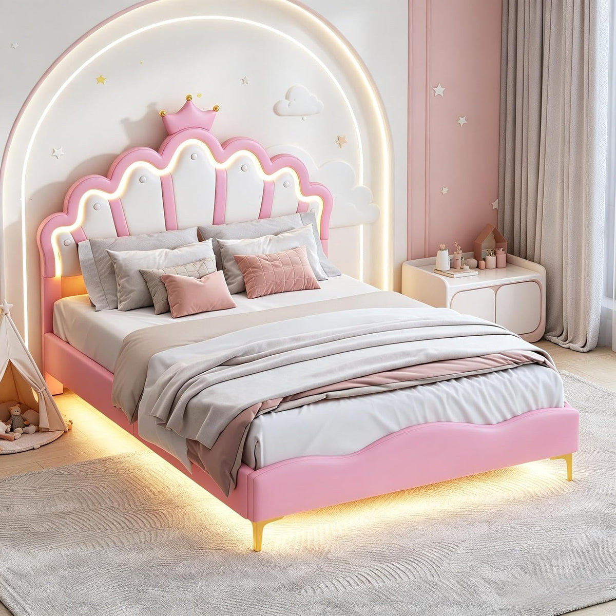 Cama Infantil tapizada 140 x 200 cm con LED, Cama tapizada para niños 140 x 200 con cabecera Ajustable Marco de Camas, Camas de Princesa para Niña en Forma de Corona con Somier(Rosa, 140 x 200)