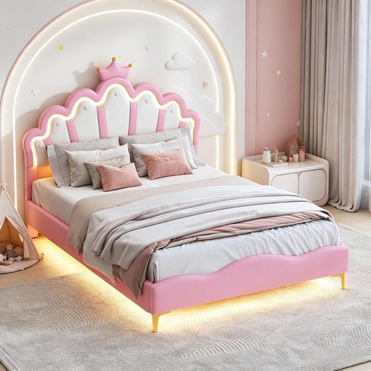 Cama Infantil tapizada 140 x 200 cm con LED, Cama tapizada para niños 140 x 200 con cabecera Ajustable Marco de Camas, Camas de Princesa para Niña en Forma de Corona con Somier(Rosa, 140 x 200)