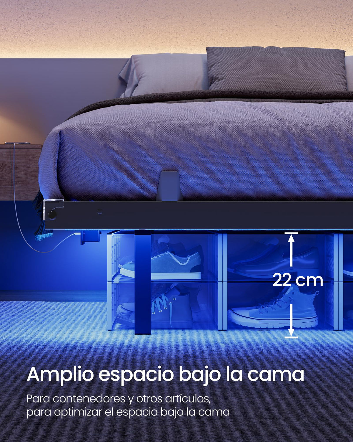 VASAGLE Marco de Cama Flotante, 140 x 200 cm, LED, 2 Tomas y 3 USB