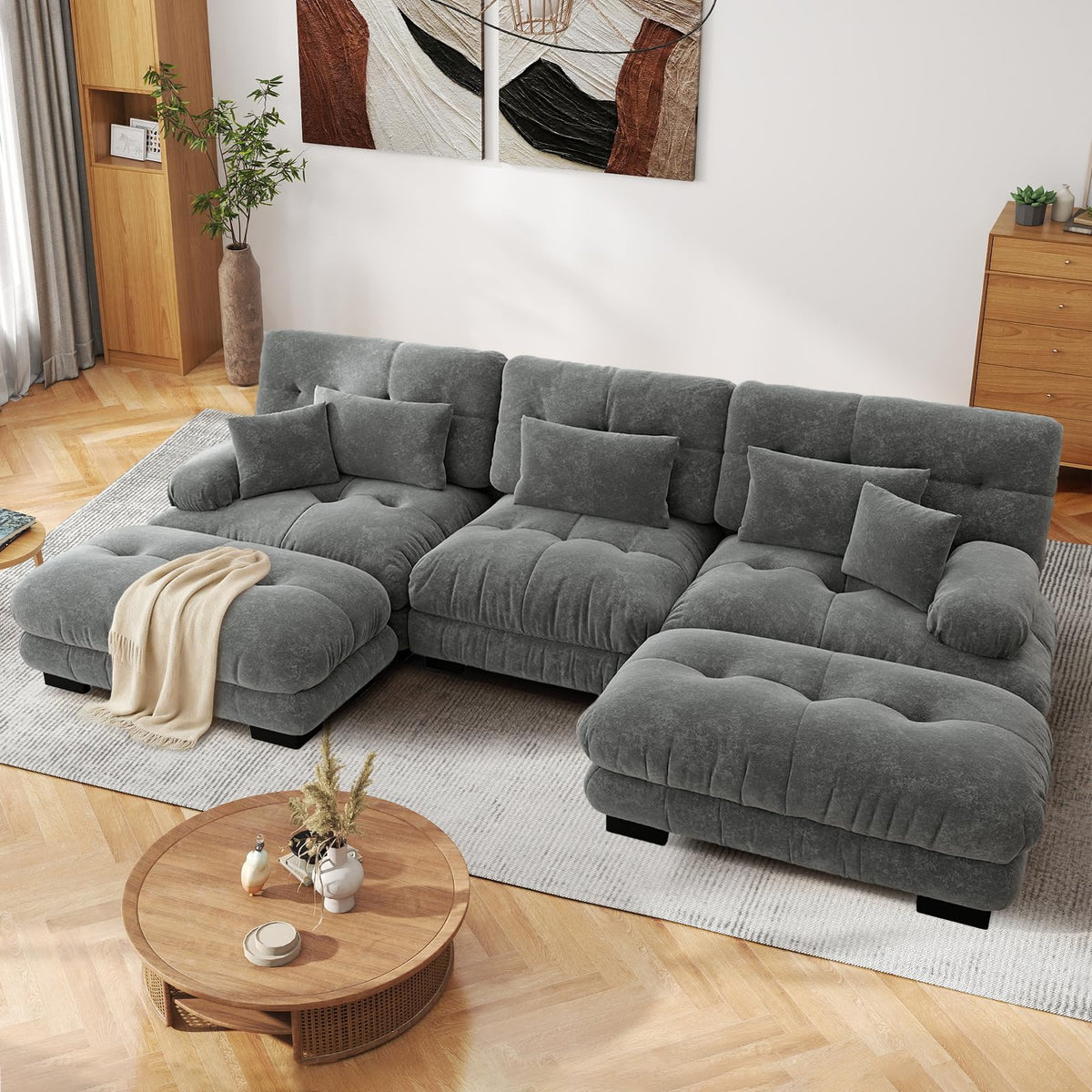 SoarFlash Sofá U Modular de 4 plazas para salón Moderno, sofá Nube de Tela Chenille con reposabrazos, Color Amarillo, 145×406 cm
