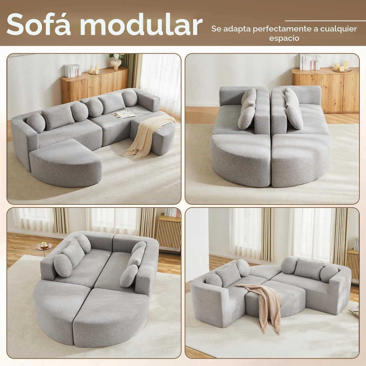 LAKFEW Sofa Cama con Cama Extensible y Taburete Almacenaje, Sofa Rinconera con USB, Lámpara de Lectura, Mesa Plegable con 2 Posavasos, 205x205x85 cm, Gris