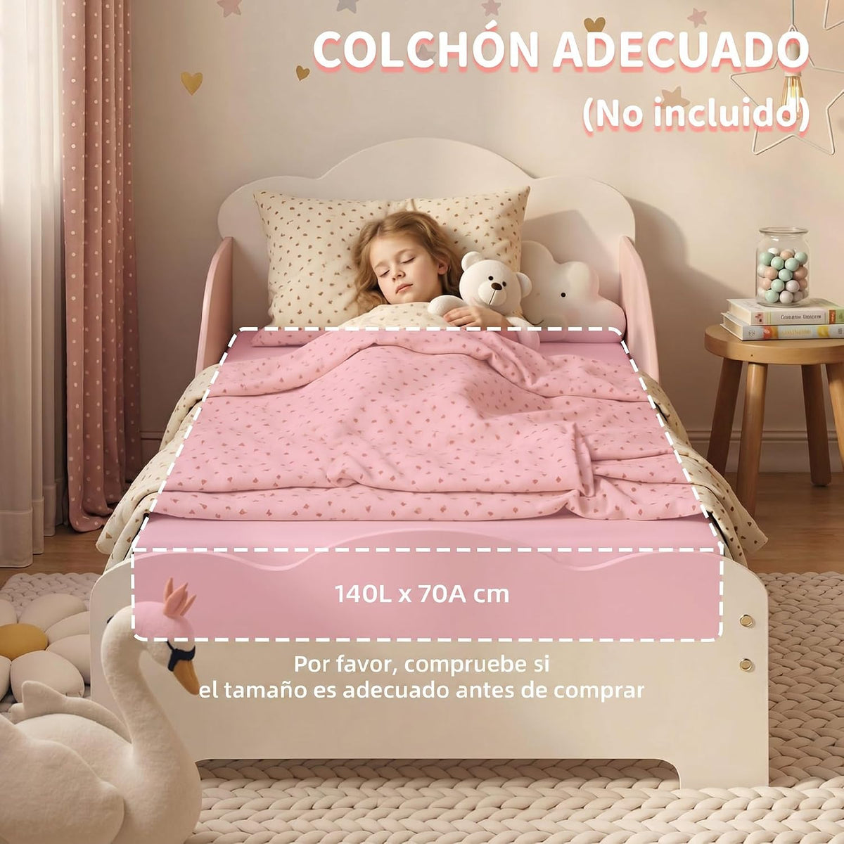 AIYAPLAY Cama Infantil Montessori con Barandillas Altas 70x140 cm Rosa