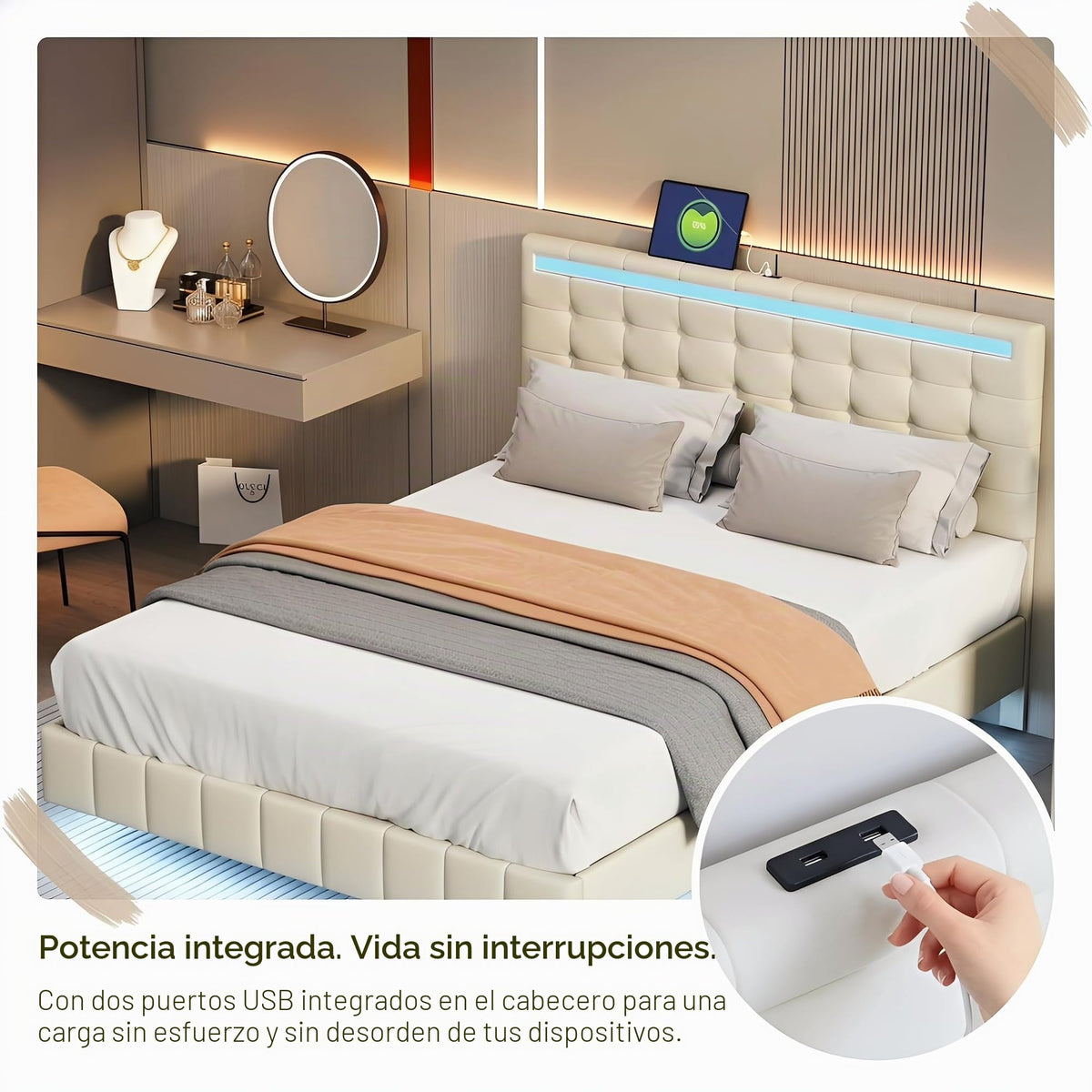 BRILVERDE Cama Tapizada 160x200 con Almacenamiento, Cama matrimonial con cajones, Cama Nido con LED, Cabecero Acolchado y Base de Láminas, Terciopelo (Beige, 160 x 200 cm)