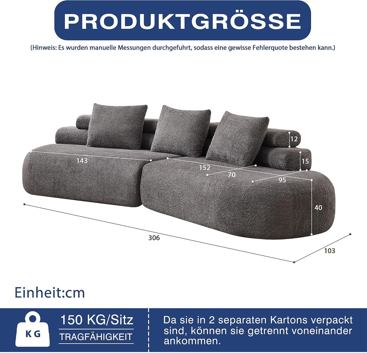 Bladez Sofá modular de 4 plazas chenilla sofá curvado en la nube gris