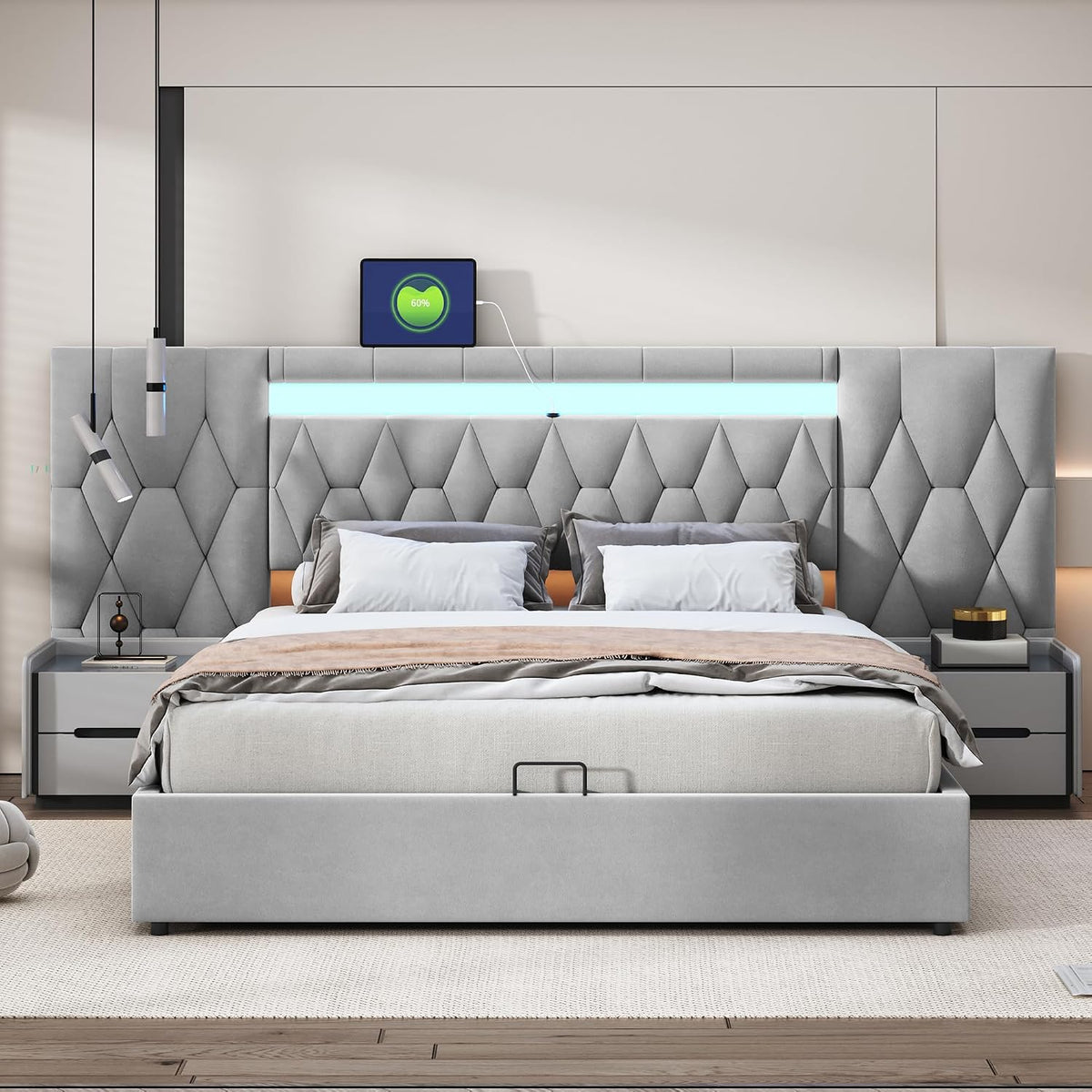 Elegante cama tapizada de 160 x 200 cm, con respaldo grande, cama de terciopelo con LED y enchufe USB, cama clásica, sistema de almacenamiento hidráulico (gris)