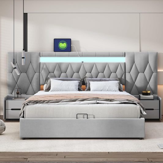 Elegante cama tapizada de 160 x 200 cm, con respaldo grande, cama de terciopelo con LED y enchufe USB, cama clásica, sistema de almacenamiento hidráulico (gris)