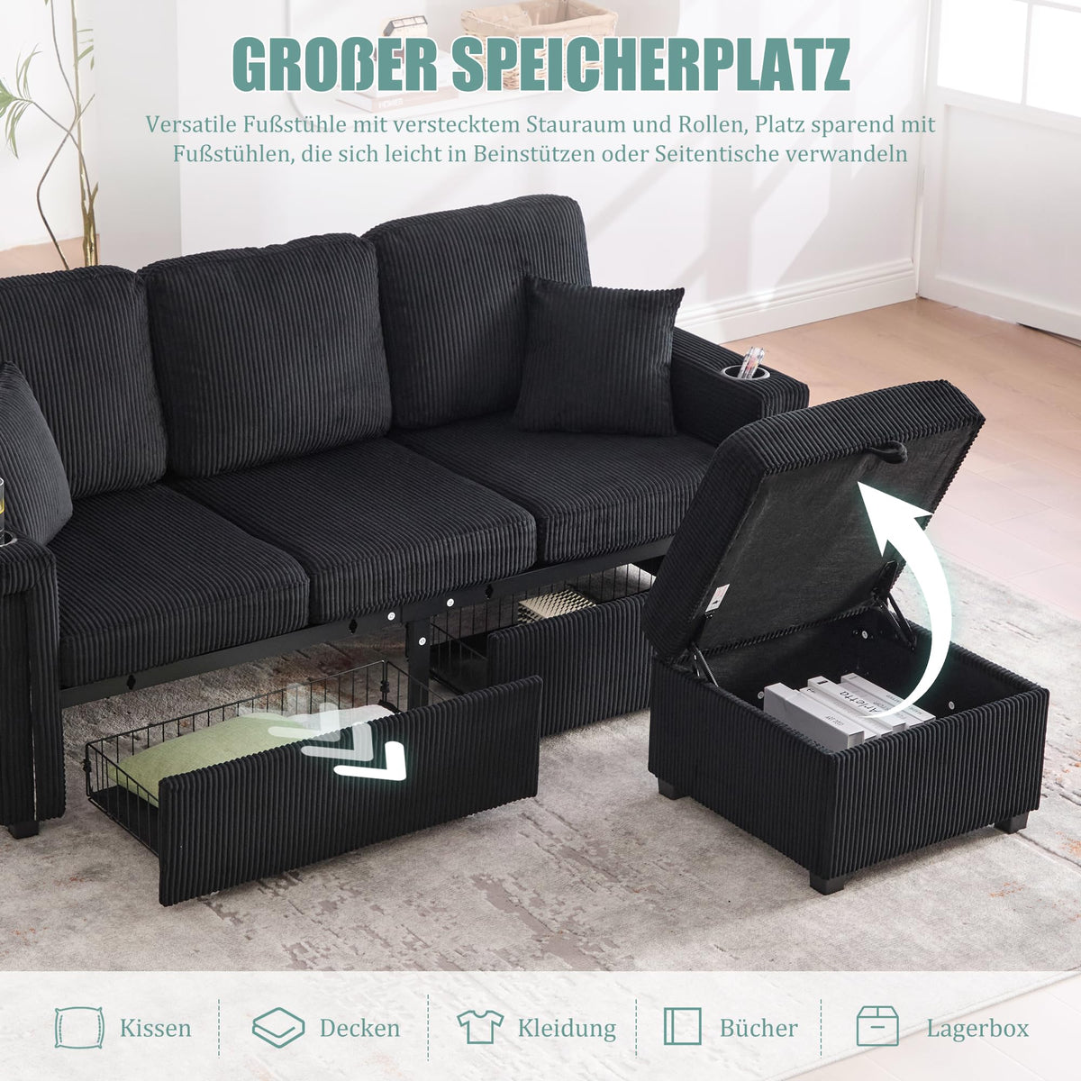 Dolamaní Sofá de terciopelo de 3 plazas con 2 cajones, soporte para bebidas, bolsillos laterales y reposapiés para sala de estar, dormitorio y oficina (beige)