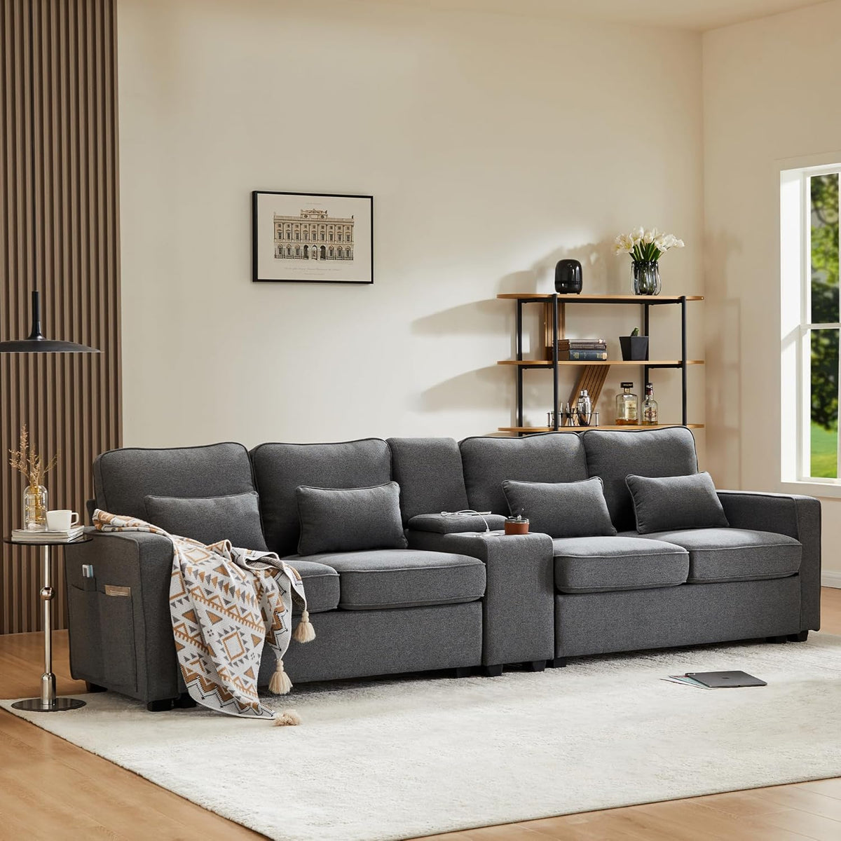 Sofá moderno de 4 plazas, en tejido de lino, soporte para bebidas, 2 puertos de carga USB con cable, bolsillos en reposabrazos y 4 cojines, sofá sencillo para sala de estar