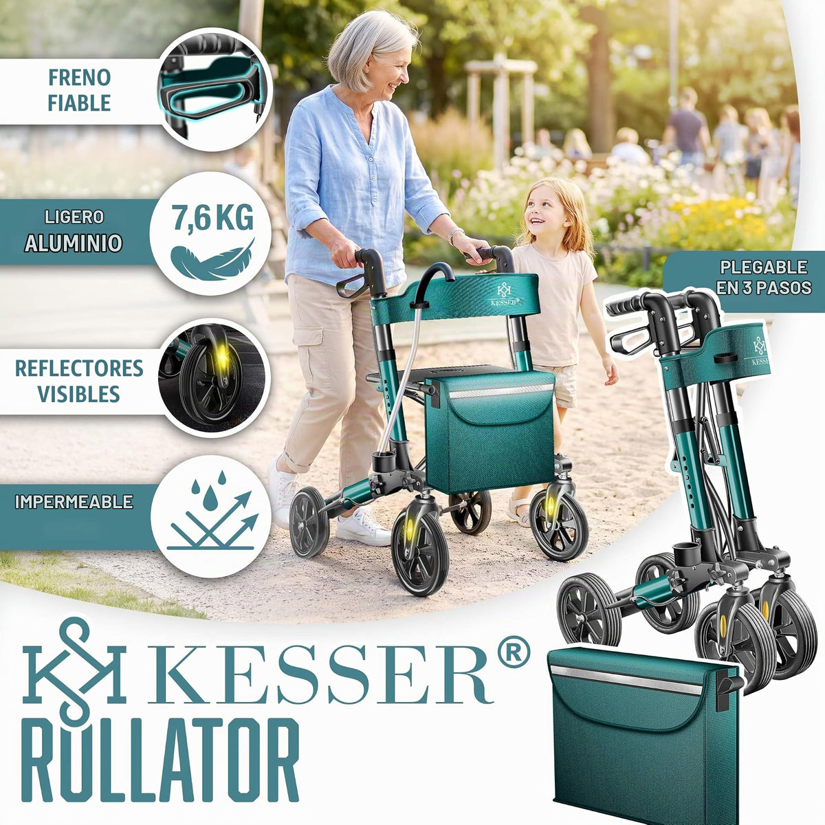 KESSER® Andador plegable con asiento y respaldo, 4 Ruedas/Frenos/Saco de Compra y Porta Bastón, Altura Ajustable 82-94cm, Andador, Carro, Rollator para Ancianos Gris
