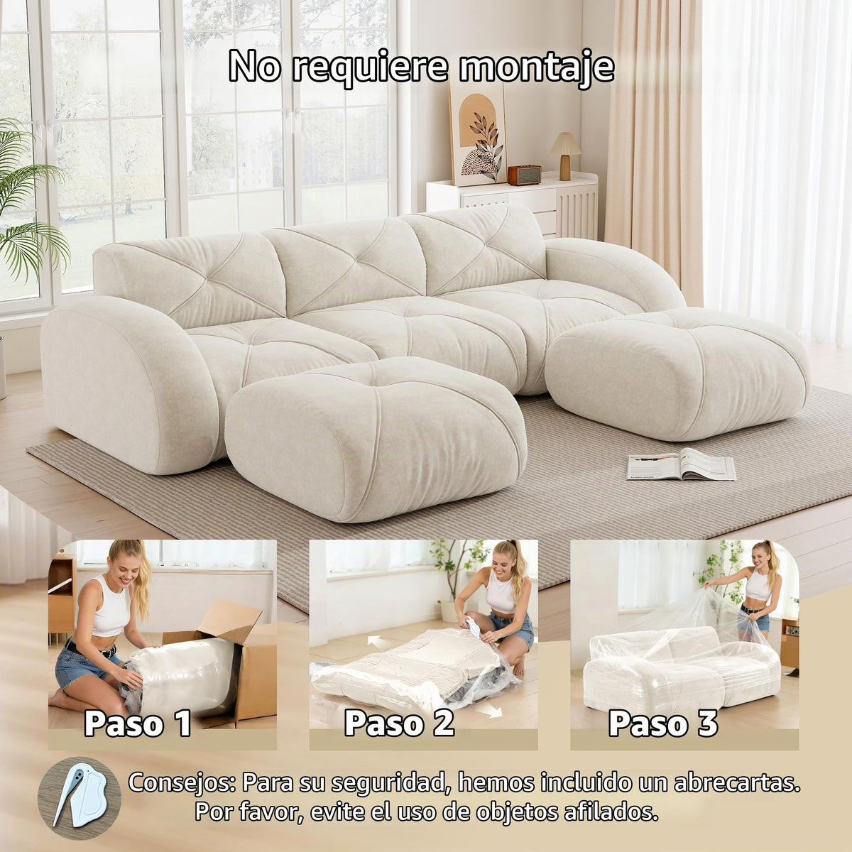 Sofá de esquina en forma de L de 4 plazas con reposapiés, sofá modular Cloud sin marcos de chenilla, sofá de estar suave, antideslizante, combinable de forma flexible, sin montaje, salón color