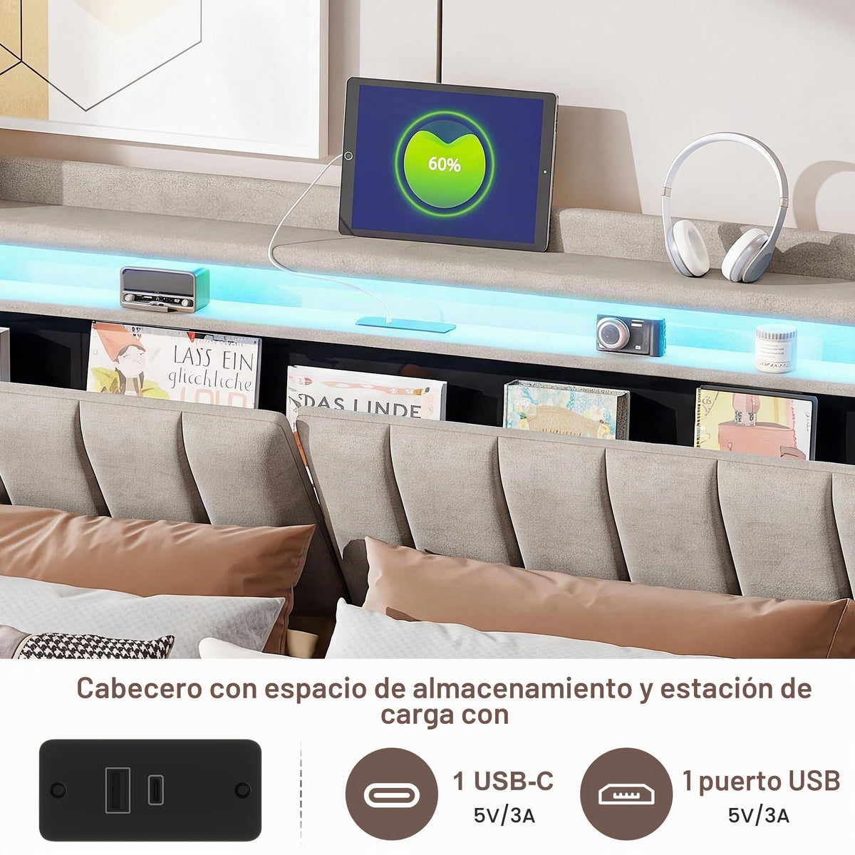 Cama tapizada de 160 x 200 cm, cama doble LED con espacio de almacenamiento, cabecero y función de carga USB C, cama de almacenamiento hidráulico, respaldo con somier de láminas de madera