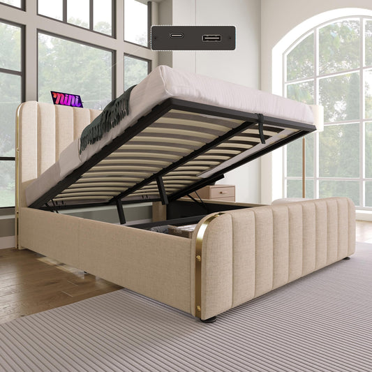 SUKY Cama tapizada doble, función de carga USB tipo C, cabecero acolchado con rayas decorativas doradas y, material de lino, cama de almacenamiento hidráulico (beige/sin colchón, 160 x 200 cm)
