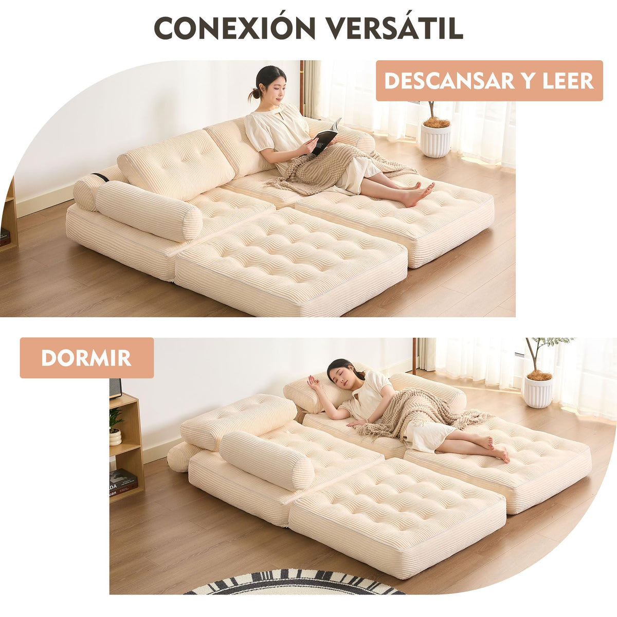 Sofá Convertible 4 en 1, Sofá Cama 1 Plaza, Pana, Negro