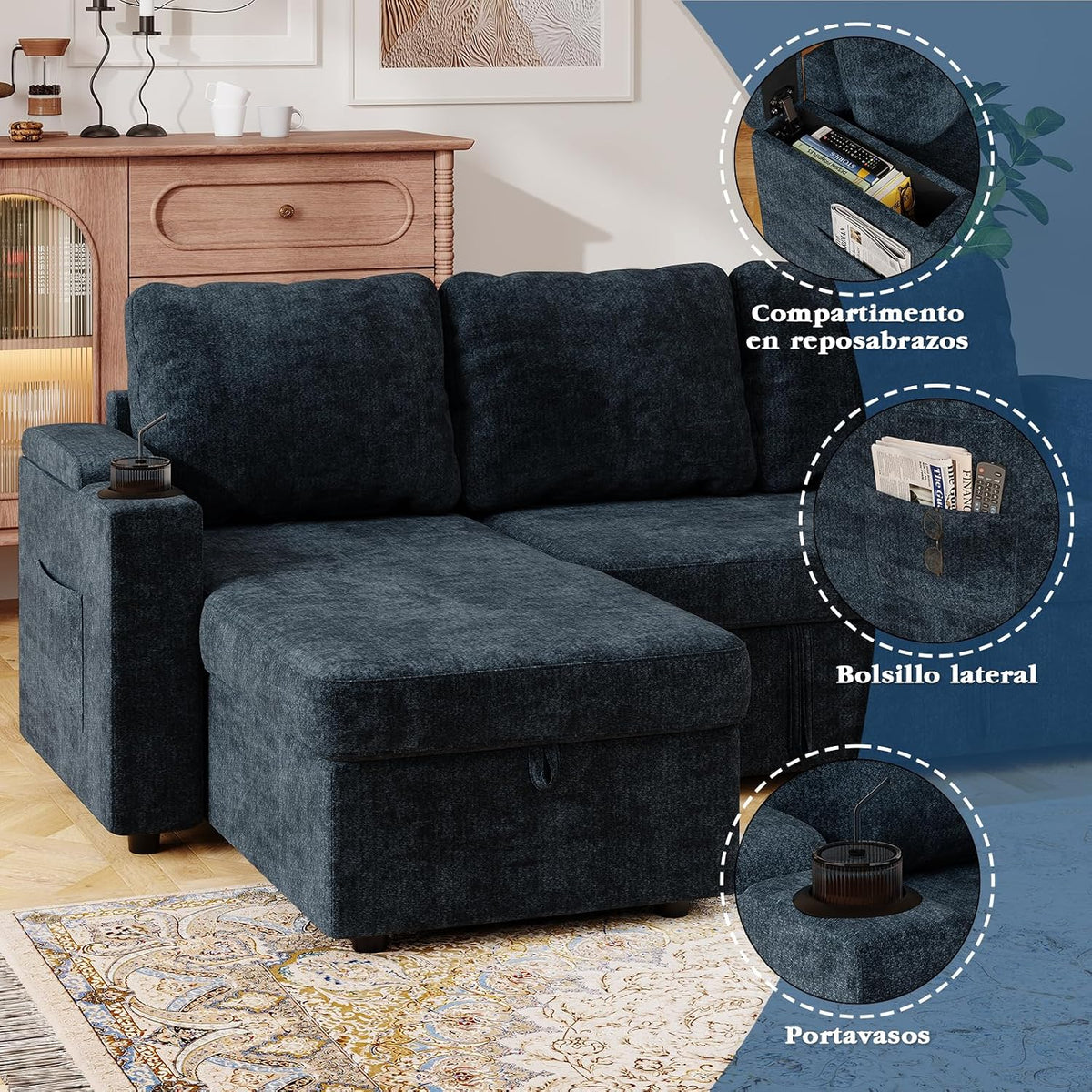 Devoko Sofá Cama L 3 plazas Azul Marino con almacén y portavasos, sofá Convertible Suave para salón y Piso, multifunción con Brazos amplios y Gran almacenaje
