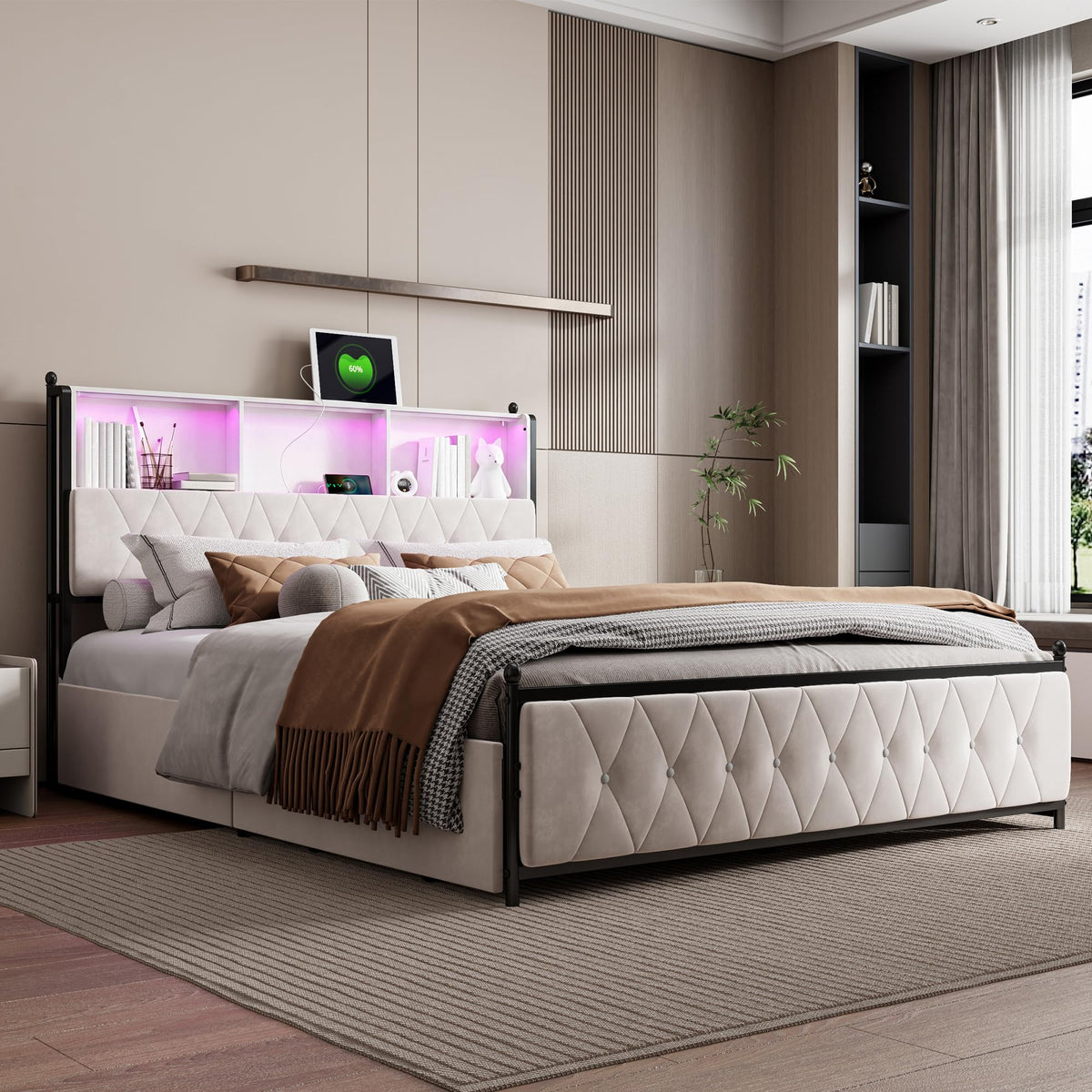 BRILVERDE Cama Tapizada 160x200 con Almacenamiento, Cama matrimonial con cajones, Cama Nido con LED, Cabecero Acolchado y Base de Láminas, Terciopelo (Beige, 160 x 200 cm)