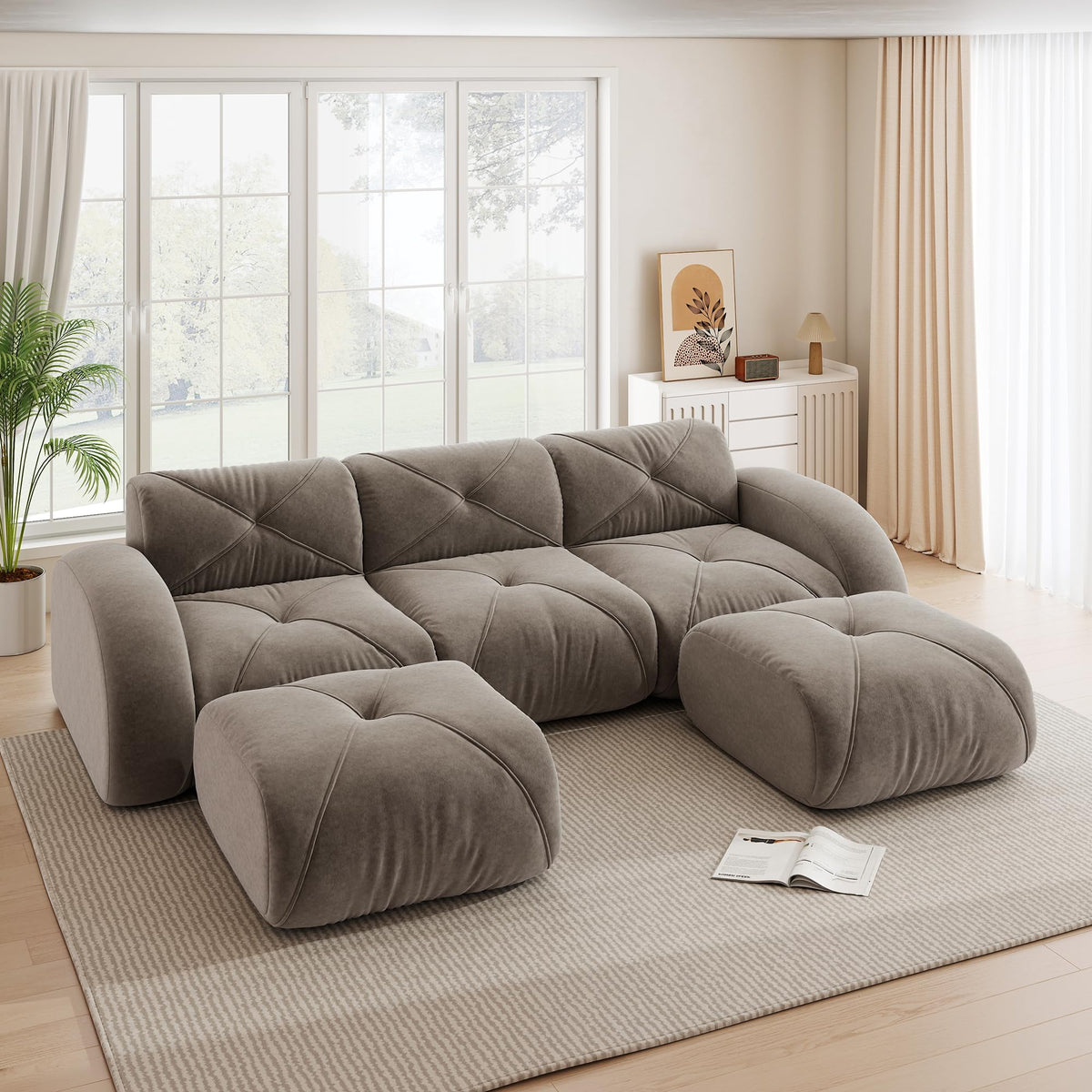 Sofá de esquina en forma de L de 4 plazas con reposapiés, sofá modular Cloud sin marcos de chenilla, sofá de estar suave, antideslizante, combinable de forma flexible, sin montaje, salón color