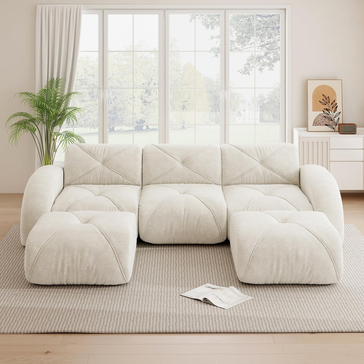 Sofá de esquina en forma de L de 4 plazas con reposapiés, sofá modular Cloud sin marcos de chenilla, sofá de estar suave, antideslizante, combinable de forma flexible, sin montaje, salón color