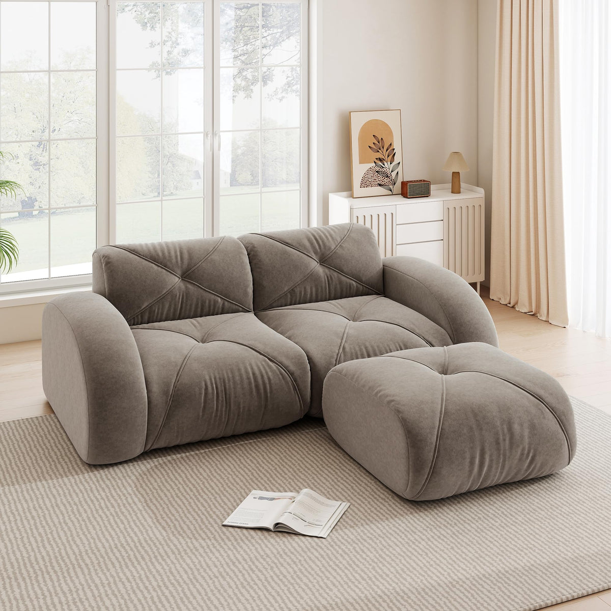 Sofá de esquina en forma de L de 4 plazas con reposapiés, sofá modular Cloud sin marcos de chenilla, sofá de estar suave, antideslizante, combinable de forma flexible, sin montaje, salón color