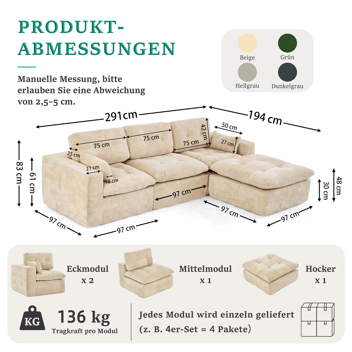 Sofá modular de 3 plazas con función de dormir, asiento extra profundo, felpilla para el hogar, sofá sin marco, sofá cama flexible para salón, verde