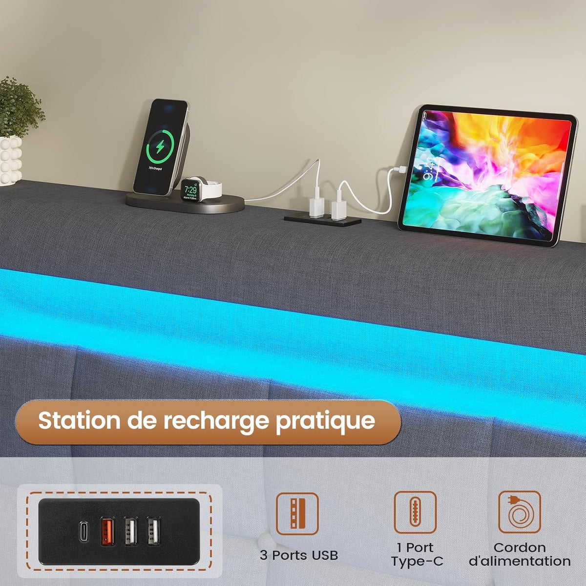 AOGLLATI Camas Matrimoniales 140x190 cm con Almacenamiento Hidráulico, Cama Canapé con Cabecero Ajustable, Estructura de Cama con Luces LED y Estación de Carga (USB y Tipo-C), Gris Oscuro