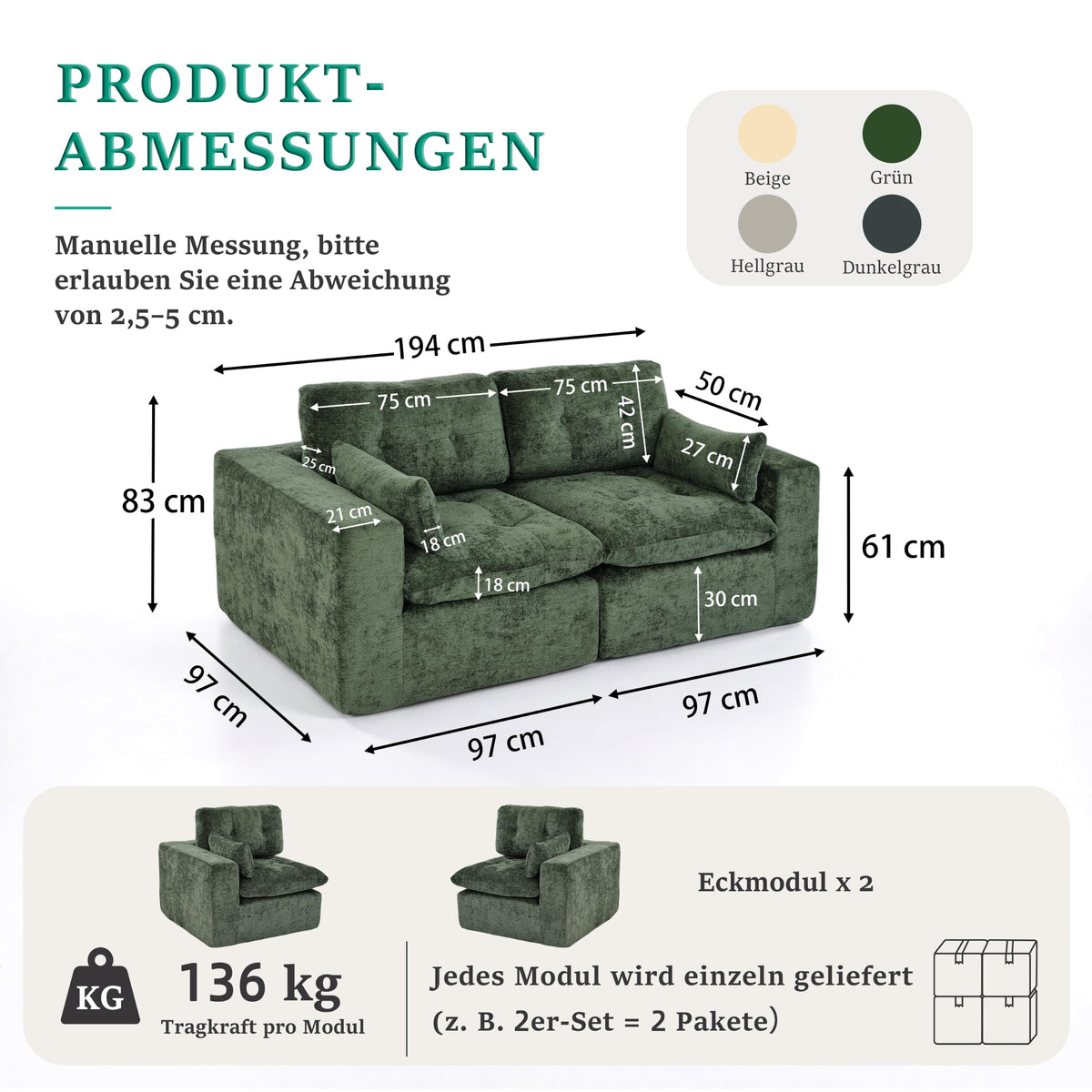 Sofá modular de 3 plazas con función de dormir, asiento extra profundo, felpilla para el hogar, sofá sin marco, sofá cama flexible para salón, verde