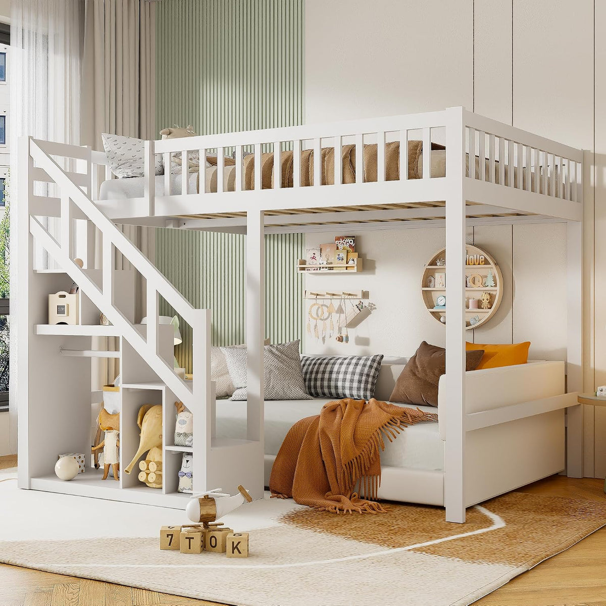 Cama alta, cama infantil, marco de cama con escalera, diseño de valla alta, almacenamiento, somier de láminas y zona de suspensión abierta, para niños y adolescentes, blanco (90x200 cm)