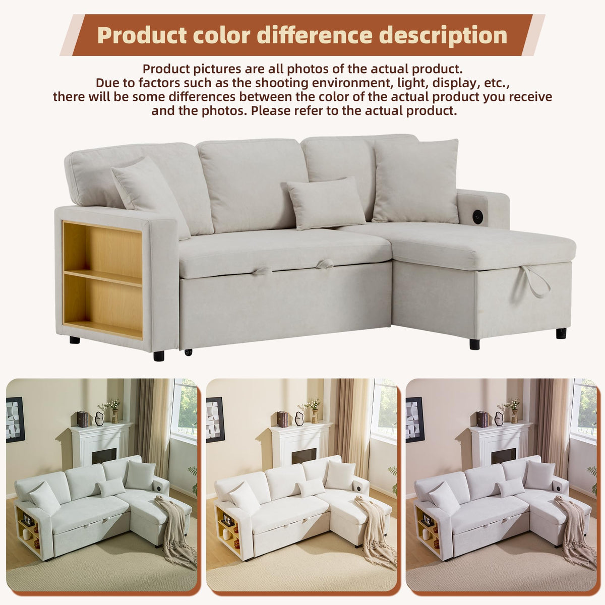 Sofá esquinero extensible en forma de L con puerto USB y portavasos, sofá cama de 4 plazas con función cama, sofá convertible con espacio de almacenamiento y reposabrazos, cojines, chenilla