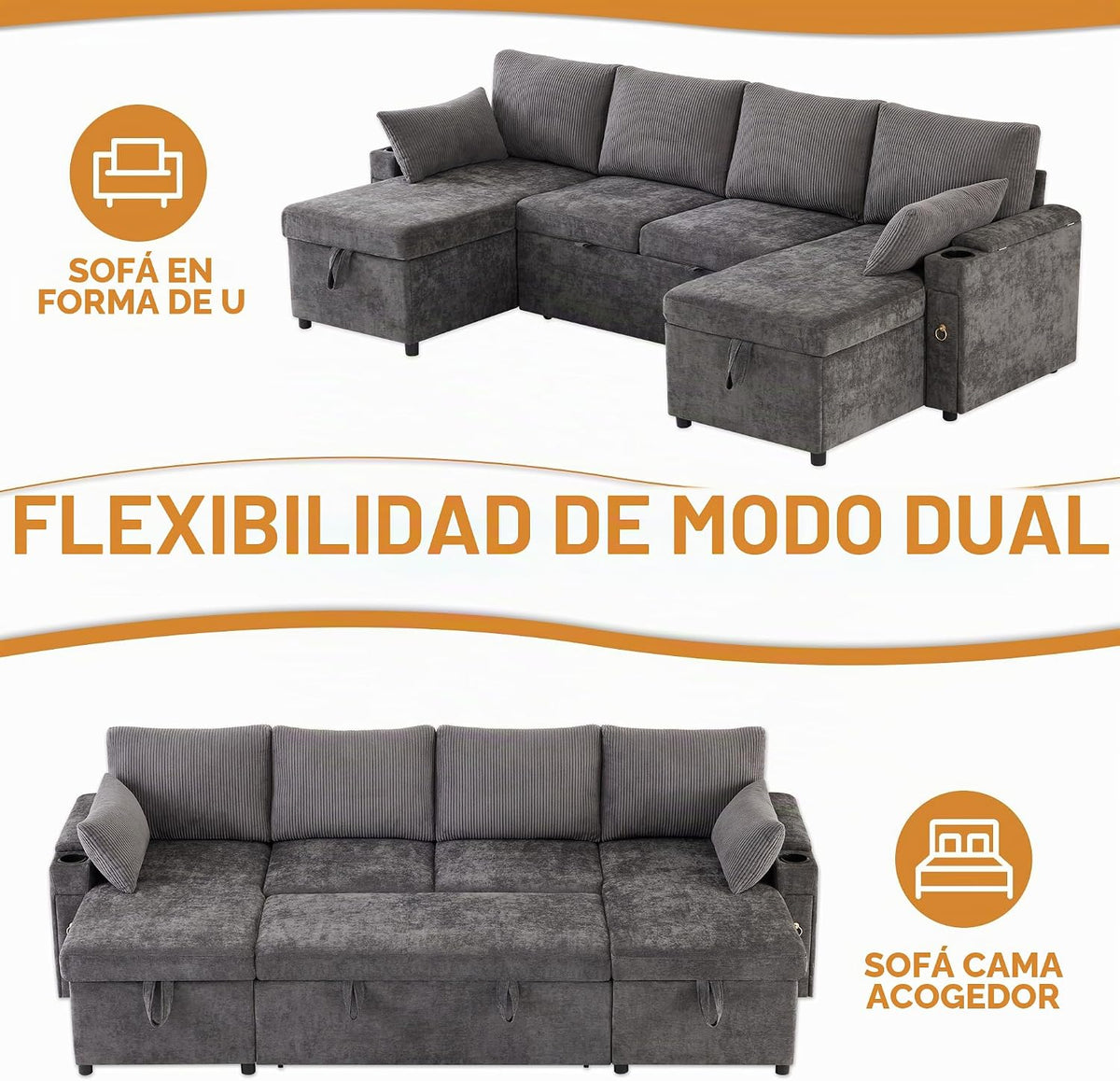 Kebnor Sofá cama de cuatro plazas en forma de U con soporte para bebidas, sofá de esquina con espacio de almacenamiento y función de descanso. Incluye soporte para bebidas y almohadas. Sofá