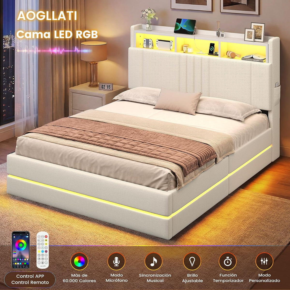 AOGLLATI Cama Matrimonial 140x190 cm con Almacenamiento Hidráulico, Lino
