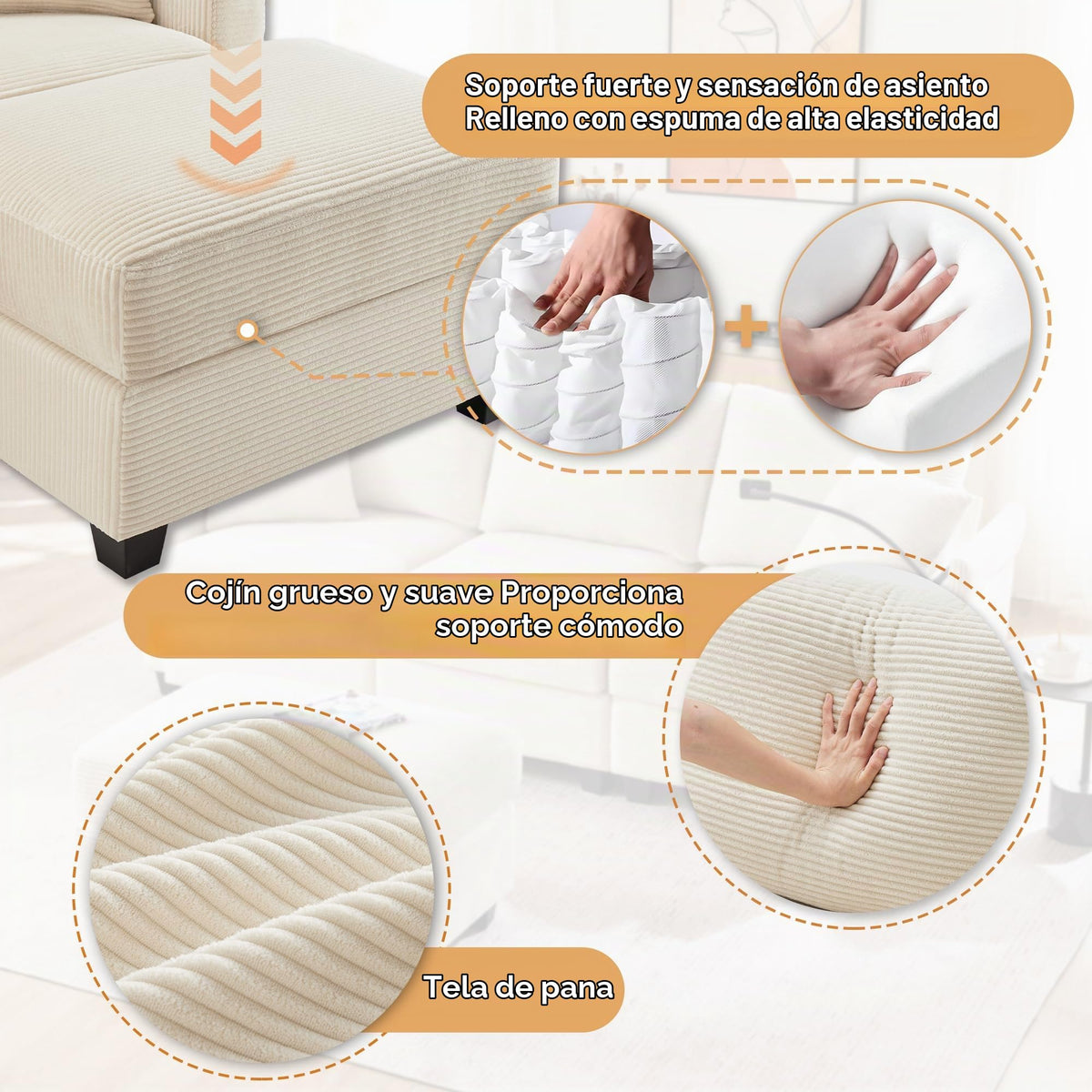 Sofá modular de 6 plazas, sofá esquinero en forma de L/U, puertos USB/tipo C, portavasos y espacio de almacenamiento, tela de chenilla, 7 cojines, salón, dormitorio y oficina, color beige