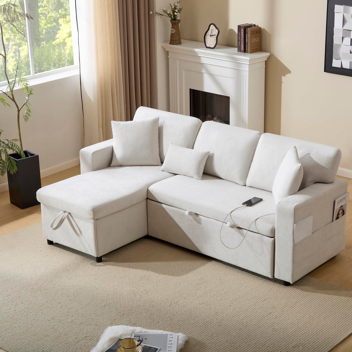 Sofá esquinero extensible en forma de L con puerto USB y portavasos, sofá cama de 4 plazas con función cama, sofá convertible con espacio de almacenamiento y reposabrazos, cojines, chenilla