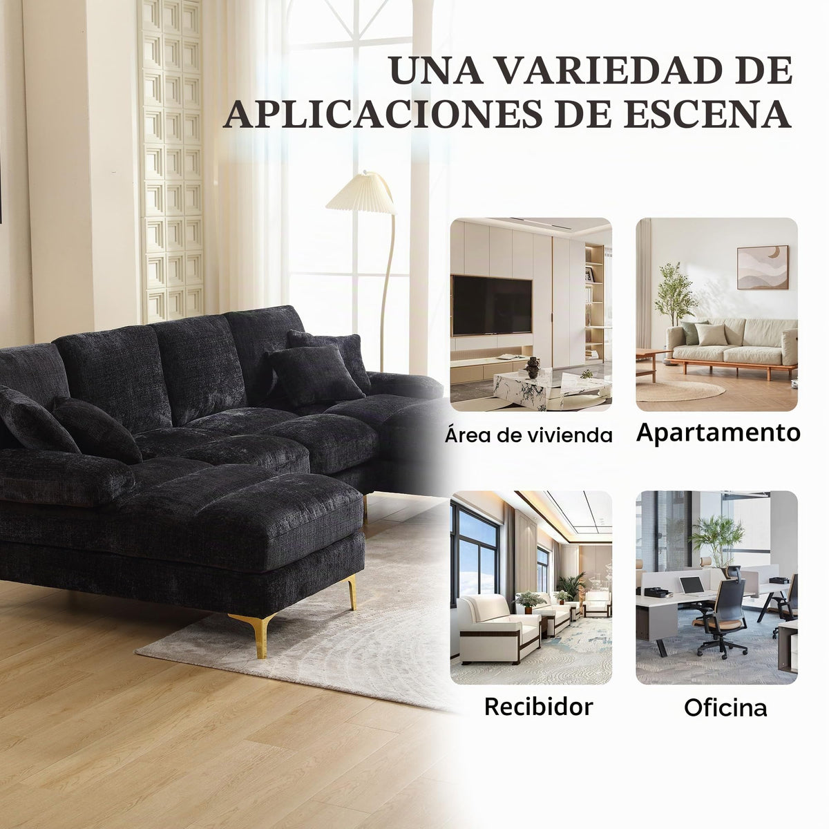 Lubvtti Sofá Moderno en U con iluminación Ambiental LED y Puerto USB+Type-C,sofá 4 plazas con 4 Cojines de Lujo y Respaldo ergonómico, sofá cheslong 4 plazas,Terciopelo,Negro