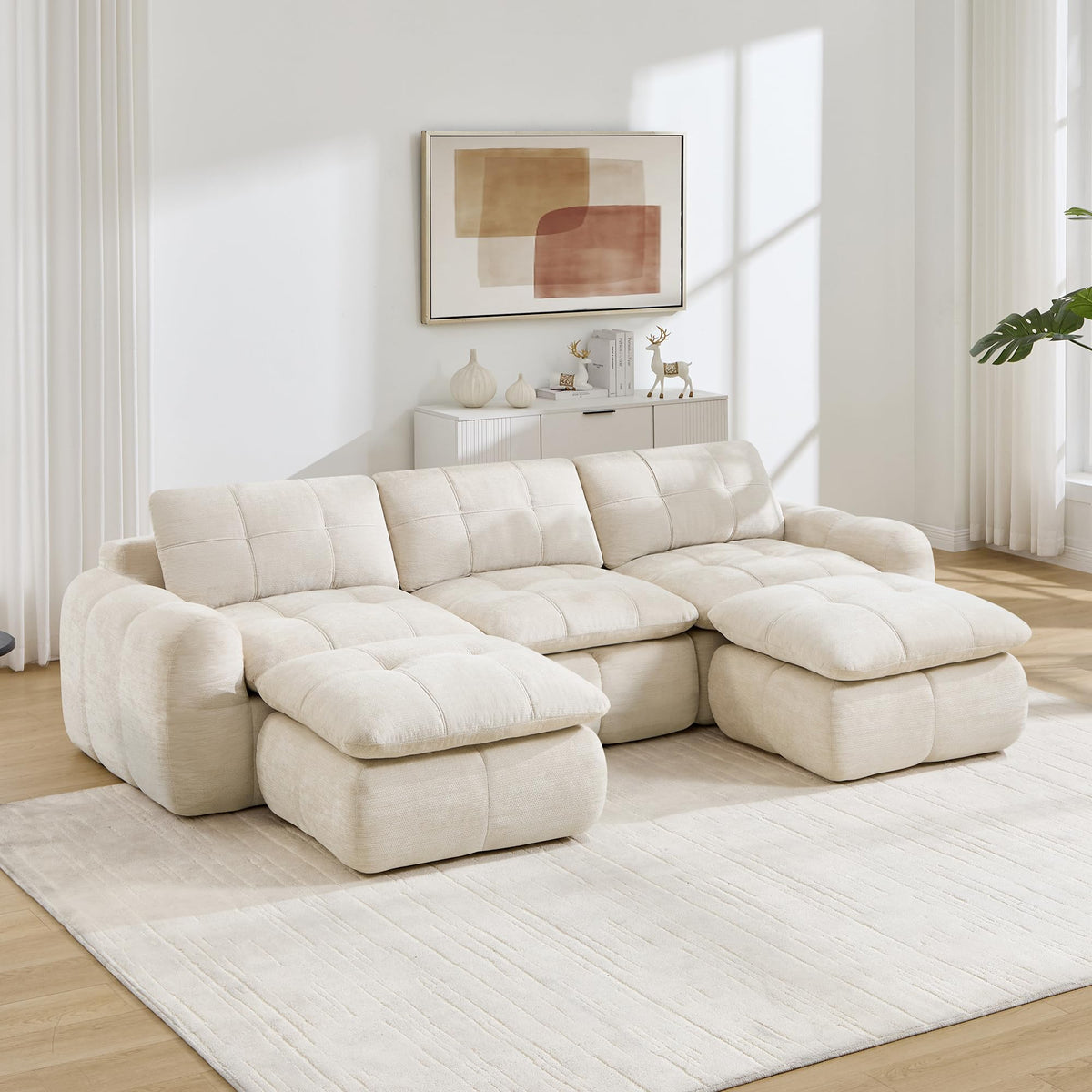 Sofá de 3 plazas con 1 taburete chenilla beige