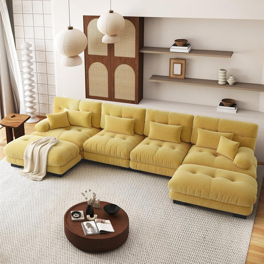SoarFlash Sofá U Modular de 4 plazas para salón Moderno, sofá Nube de Tela Chenille con reposabrazos, Color Amarillo, 145×406 cm