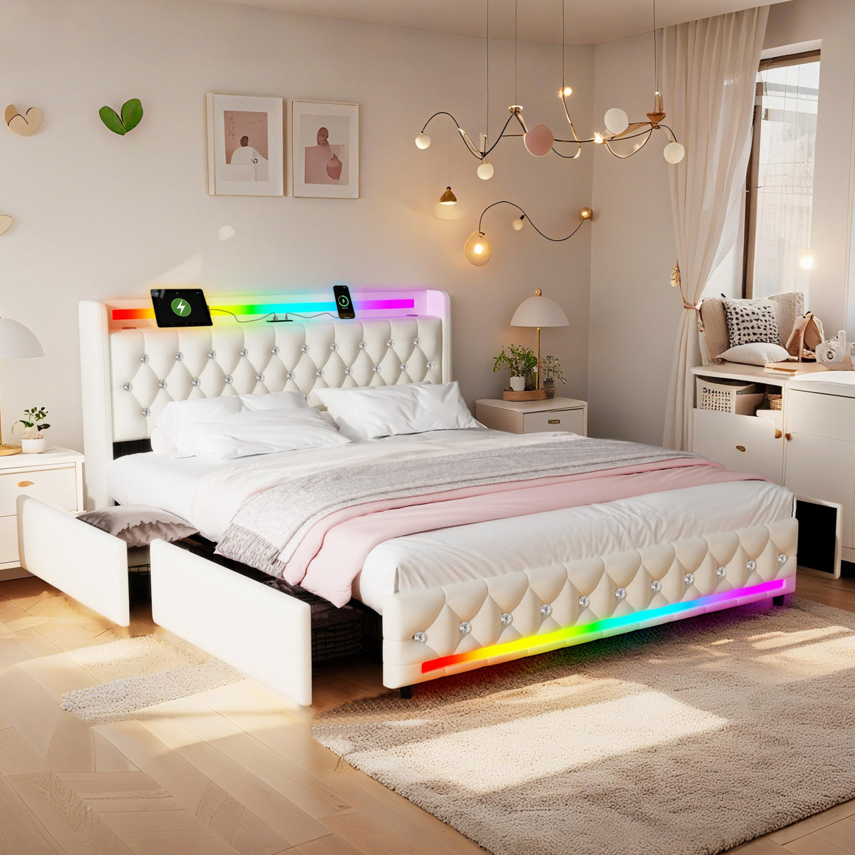 Estructura de Cama 140x200 cm con iluminación LED, Lino, Gris