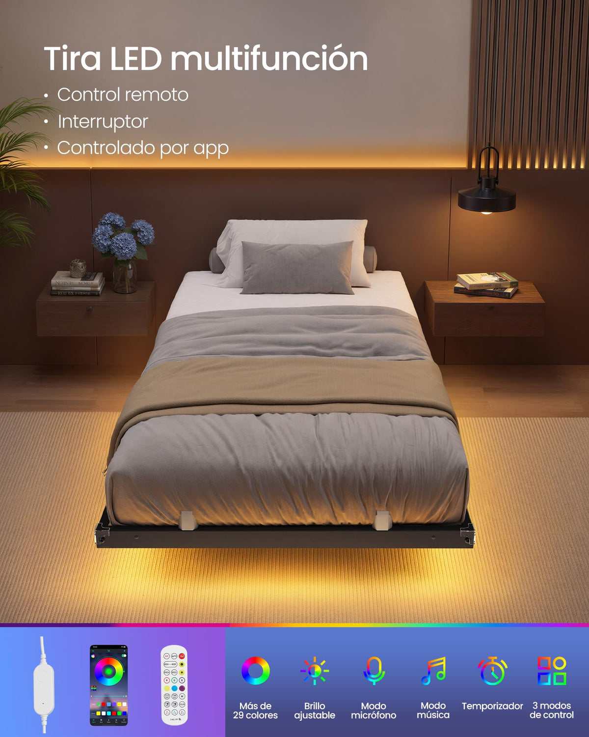 VASAGLE Marco de Cama Flotante, 140 x 200 cm, LED, 2 Tomas y 3 USB