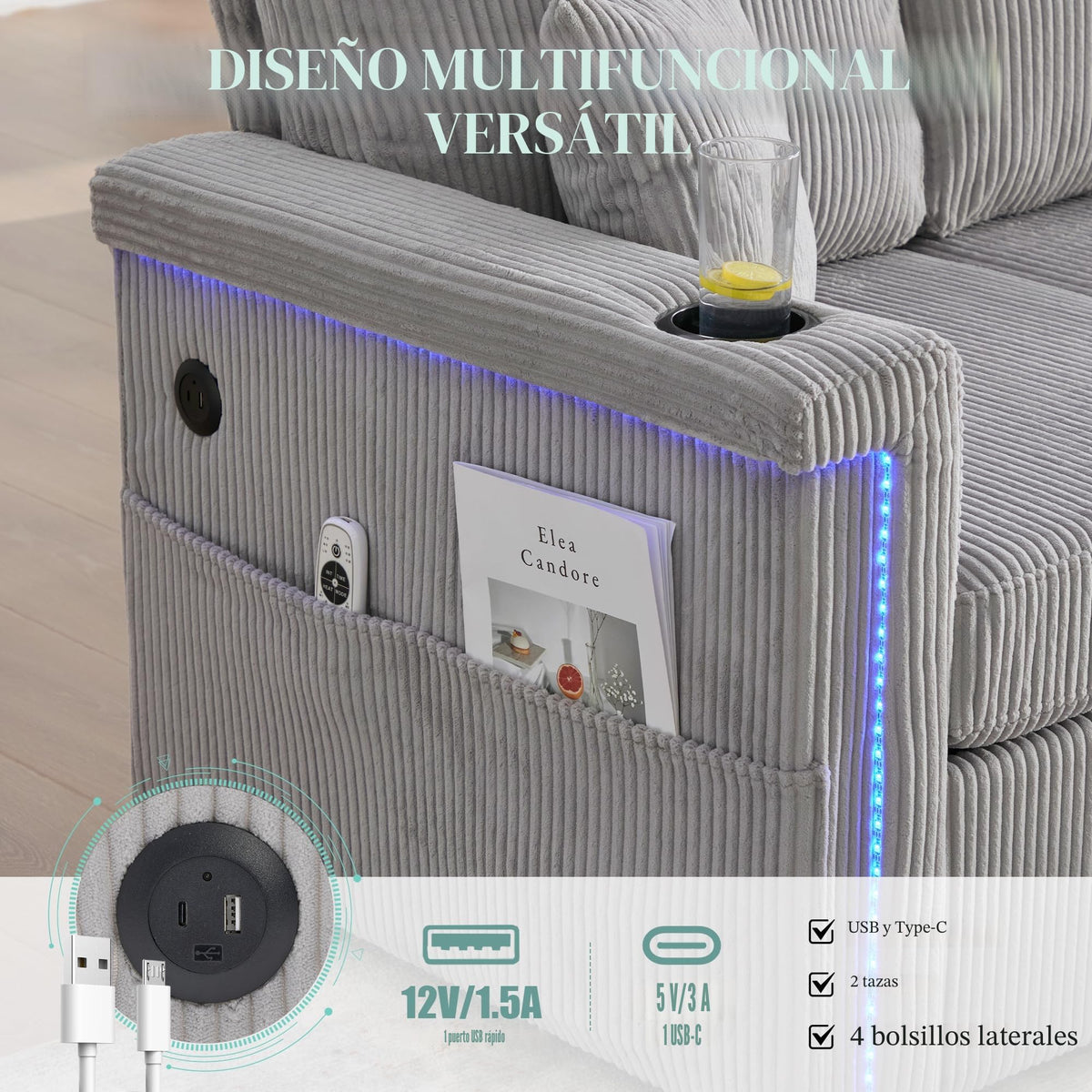 Lubvtti Sofá cama de 3 plazas moderno con función de cama, con espacio de almacenamiento, cargador USB, reposabrazos portaobjetos y 2 cojines, sofá de esquina en L, sofá de 3 plazas, chenilla (C-gris)