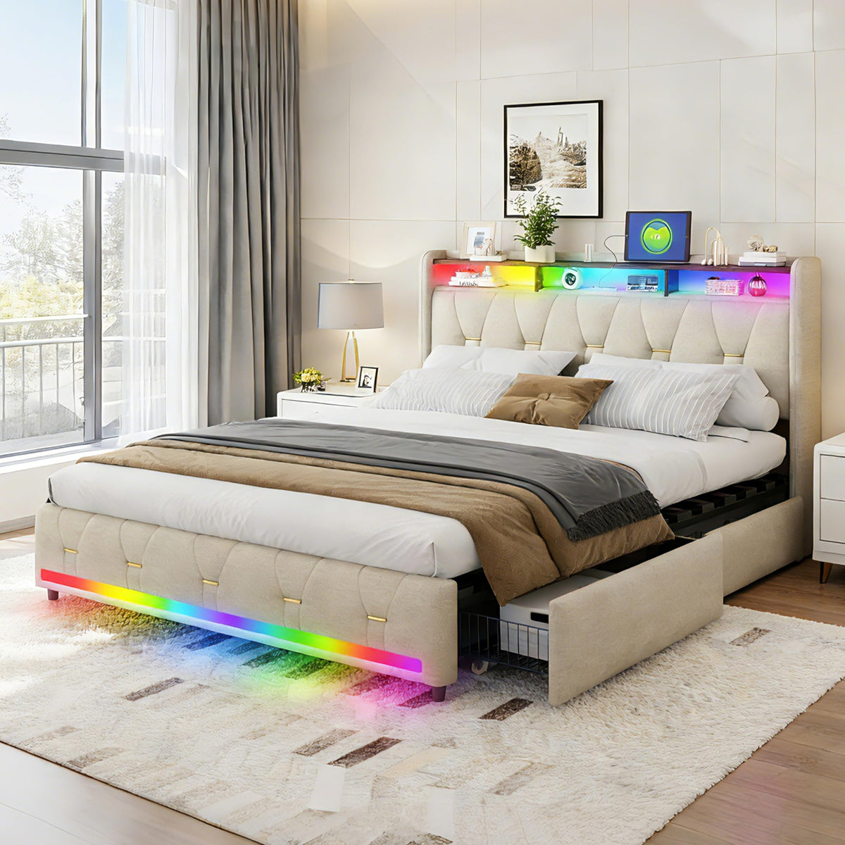 Estructura de Cama de Cuero 160x200cm con Carga USB Type-C, Blanco