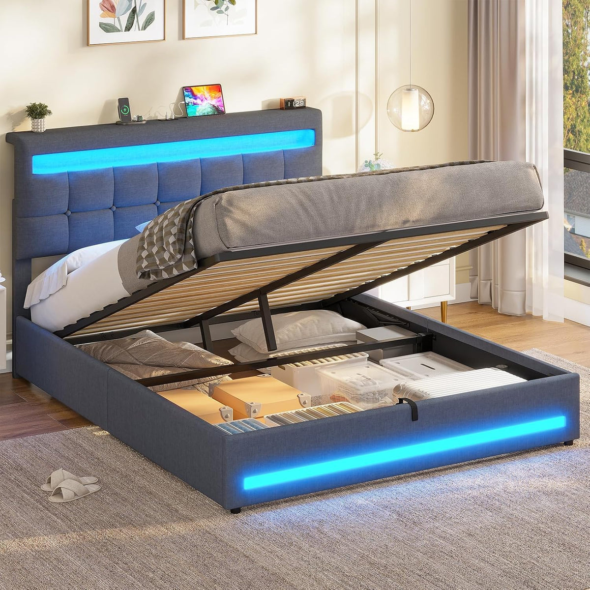 AOGLLATI Camas Matrimoniales 140x190 cm con Almacenamiento Hidráulico, Cama Canapé con Cabecero Ajustable, Estructura de Cama con Luces LED y Estación de Carga (USB y Tipo-C), Gris Oscuro