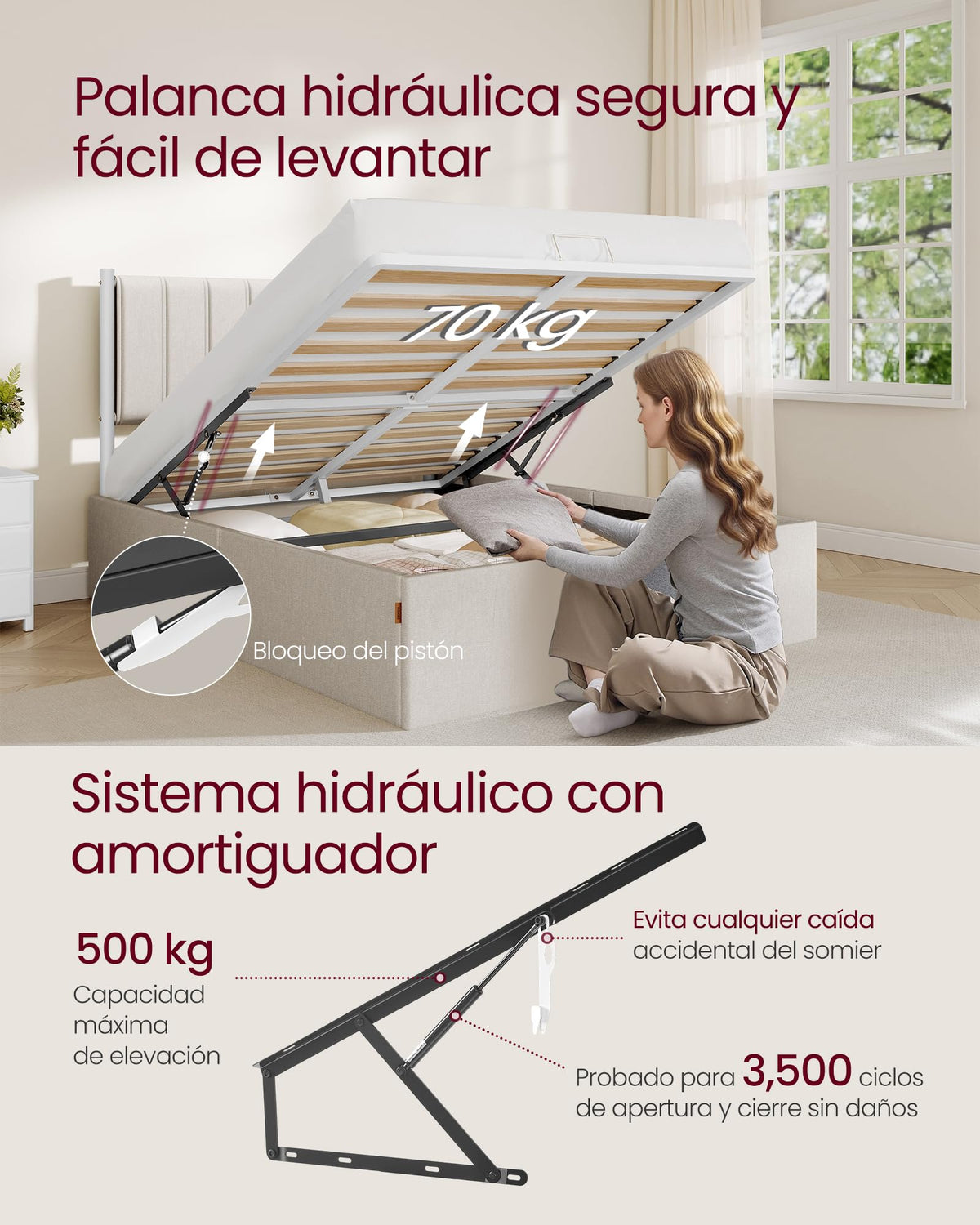 VASAGLE Estructura de Cama, 160 x 200 cm, Cama Elevable, 2 Personas, con Almacenaje, Cabecero, Sistema Hidráulico, Moderno y Minimalista, Fácil Montaje, Beige Capuchino RMB615LH01