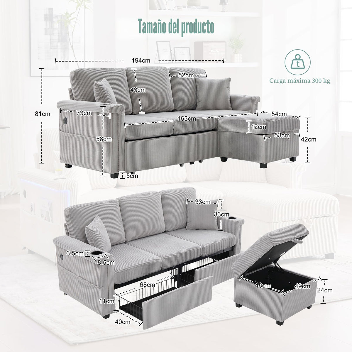 Lubvtti Sofá cama de 3 plazas moderno con función de cama, con espacio de almacenamiento, cargador USB, reposabrazos portaobjetos y 2 cojines, sofá de esquina en L, sofá de 3 plazas, chenilla (C-gris)