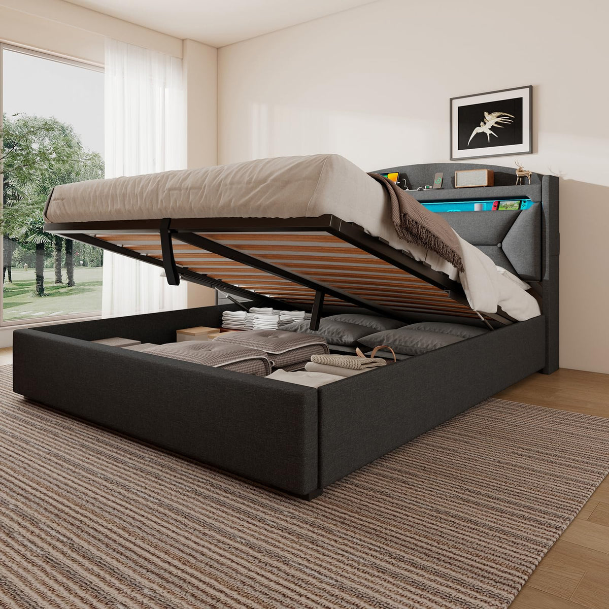 Cama 90x200 cm con Almacenamiento, Cama Individual con LED, Puertos USB y Type-C, Somier 90x200 Hidráulico, Camas Juveniles Camas Infantiles con Cabecero, Lino, Beige, Colchón No Incluido