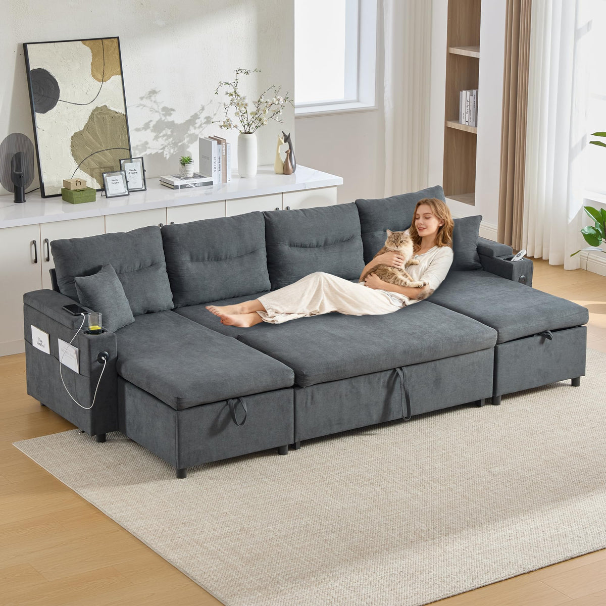 Dolamaní Sofá moderno de 4 plazas de tela de lino con espacio de almacenamiento y función de dormir, sofá cama con cajonera extensible en forma de L para casa y salón (beige B)