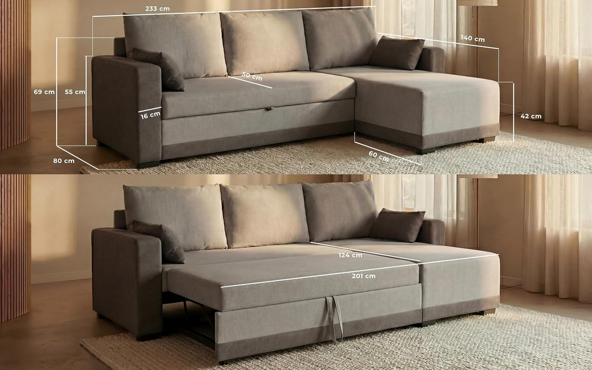 BUDWING Leah Sofá Cama Esquinero 3 Plazas - Chaise Longue Reversible y 2 Cojines Decorativos – Tapizado en Poliéster – Estilo Moderno – 233x124x69 cm – Gris Bicolor
