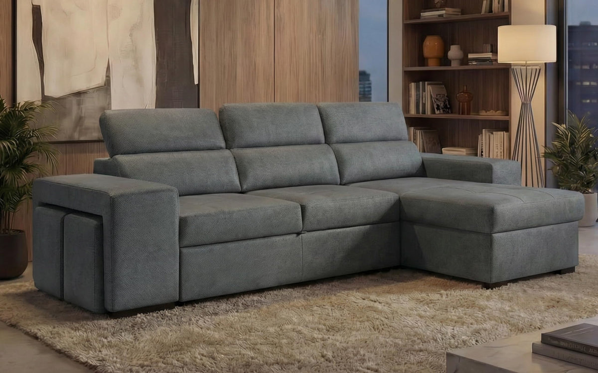 BUDWING John Sofá Cama Esquinero 4 Plazas - Chaise Longue Reversible, Reposacabezas Ajustable y 2 Pufs – Tapizado en Poliéster – Estilo Moderno – 263x161x96 cm – Gris Claro