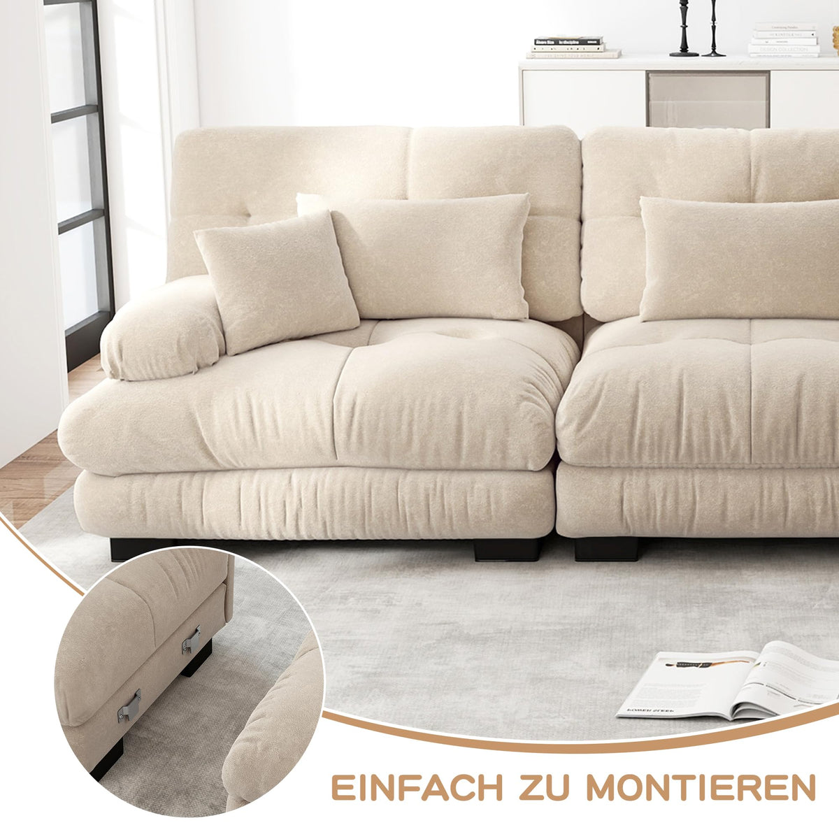 Sofá esquinero de chenilla nublado para salón, sofá doble con reposabrazos anchos, 2 cojines lumbares, 2 cojines decorativos y 2 otomanas, 220 x 140 x 81 cm (rosa)