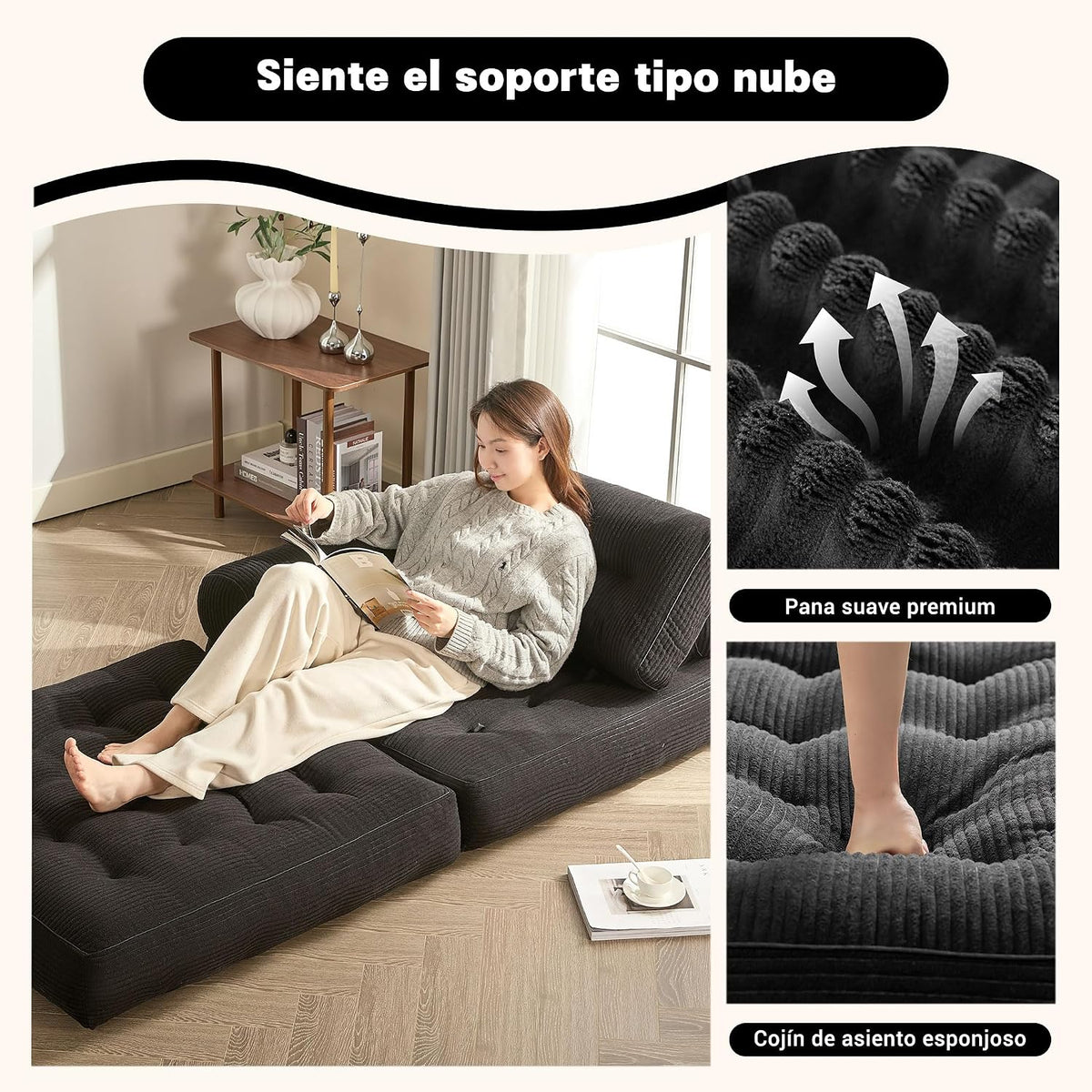 Sofá Convertible 4 en 1, Sofá Cama 1 Plaza, Pana, Negro