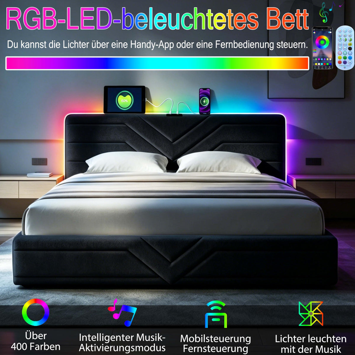 Armazón de Cama de Cuero 140x200cm con luz LED, Blanco